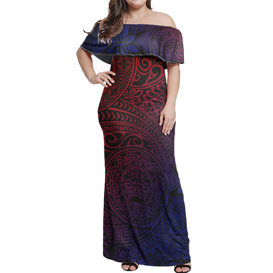 Polynesian Woman Off Shoulder Long Dress - Polynesian Design Pattern 10