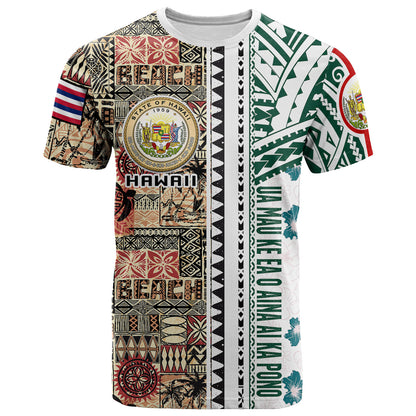 Hawaii Motto T-Shirt - Custom Hawaiian Style Tapa Polynesian Tribal Patterns With Hawaii Seal And Kanaka Maoli Flag