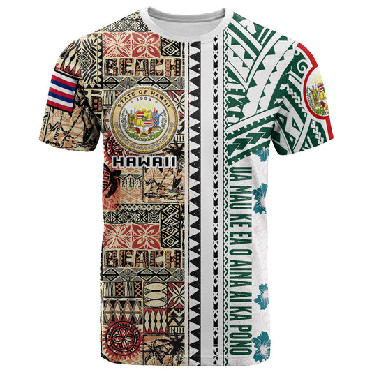 Hawaii Motto T-Shirt - Custom Hawaiian Style Tapa Polynesian Tribal Patterns With Hawaii Seal And Kanaka Maoli Flag