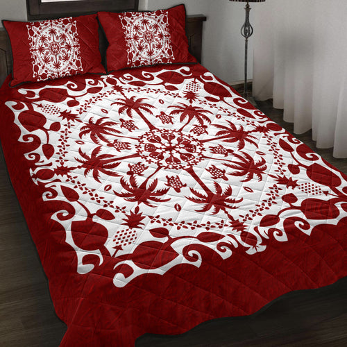 Hawaii Quilt Bed Set Red Hawaii Pattern Palm Trees and Turtles Polynesian