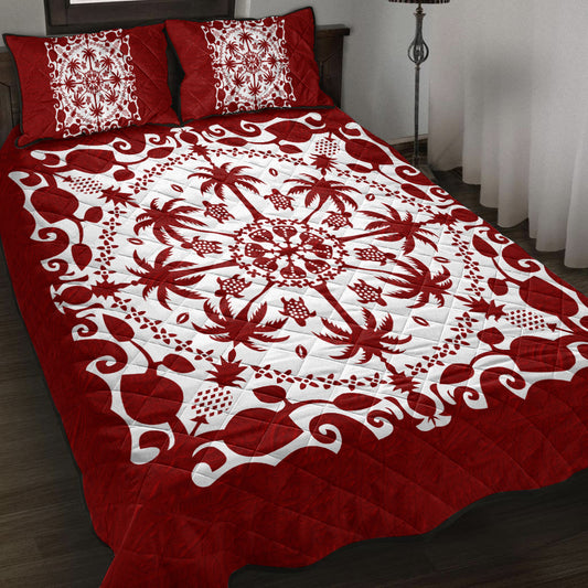 Hawaii Quilt Bed Set Red Hawaii Pattern Palm Trees and Turtles Polynesian