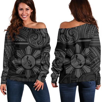 Philippines Filipinos Off Shoulder Sweatshirt Polynesian Tribal Sun And Map Original Style