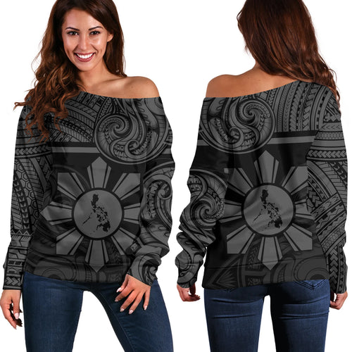 Philippines Filipinos Off Shoulder Sweatshirt Polynesian Tribal Sun And Map Original Style