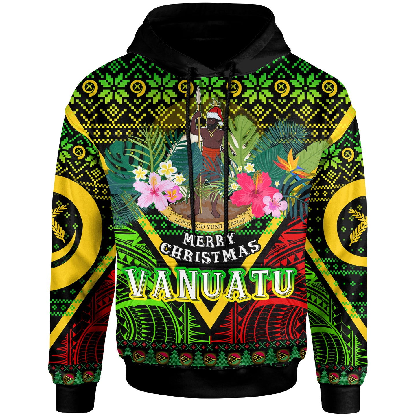 Vanuatu Polynesian Christmas Hoodie - Custom Vanuatu Coat of Arms Christmas Hat Polynesian Patterns Hoodie