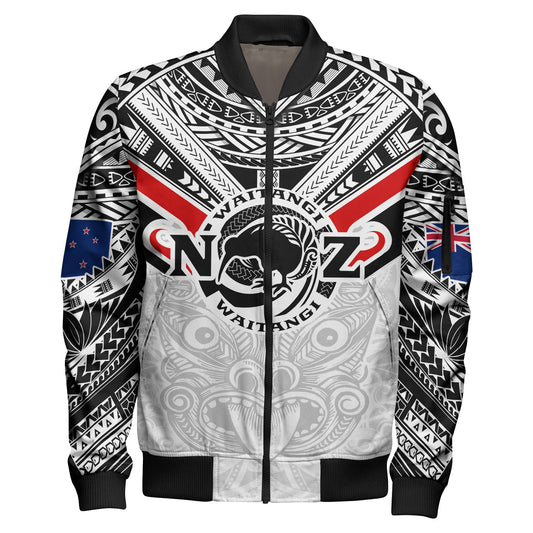 New Zealand Waitangi Day Bomber Jacket - New Zealand Kiwi Fern With Maori Koru Spiral White