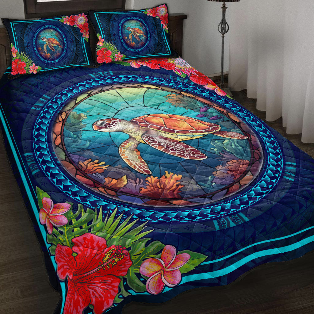 Hawaii Quilt Bed Set Polynesian Patterns Turtle Mascot WaterColor Style