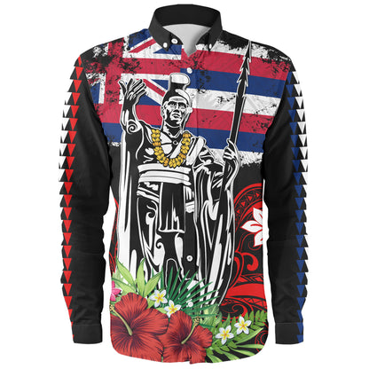 Hawaii Long Sleeve Shirt King Kamehameha I Tribal Flag Tropical Style