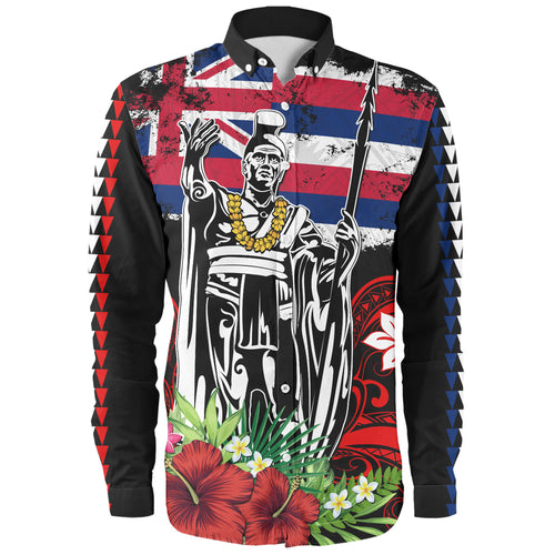 Hawaii Long Sleeve Shirt King Kamehameha I Tribal Flag Tropical Style