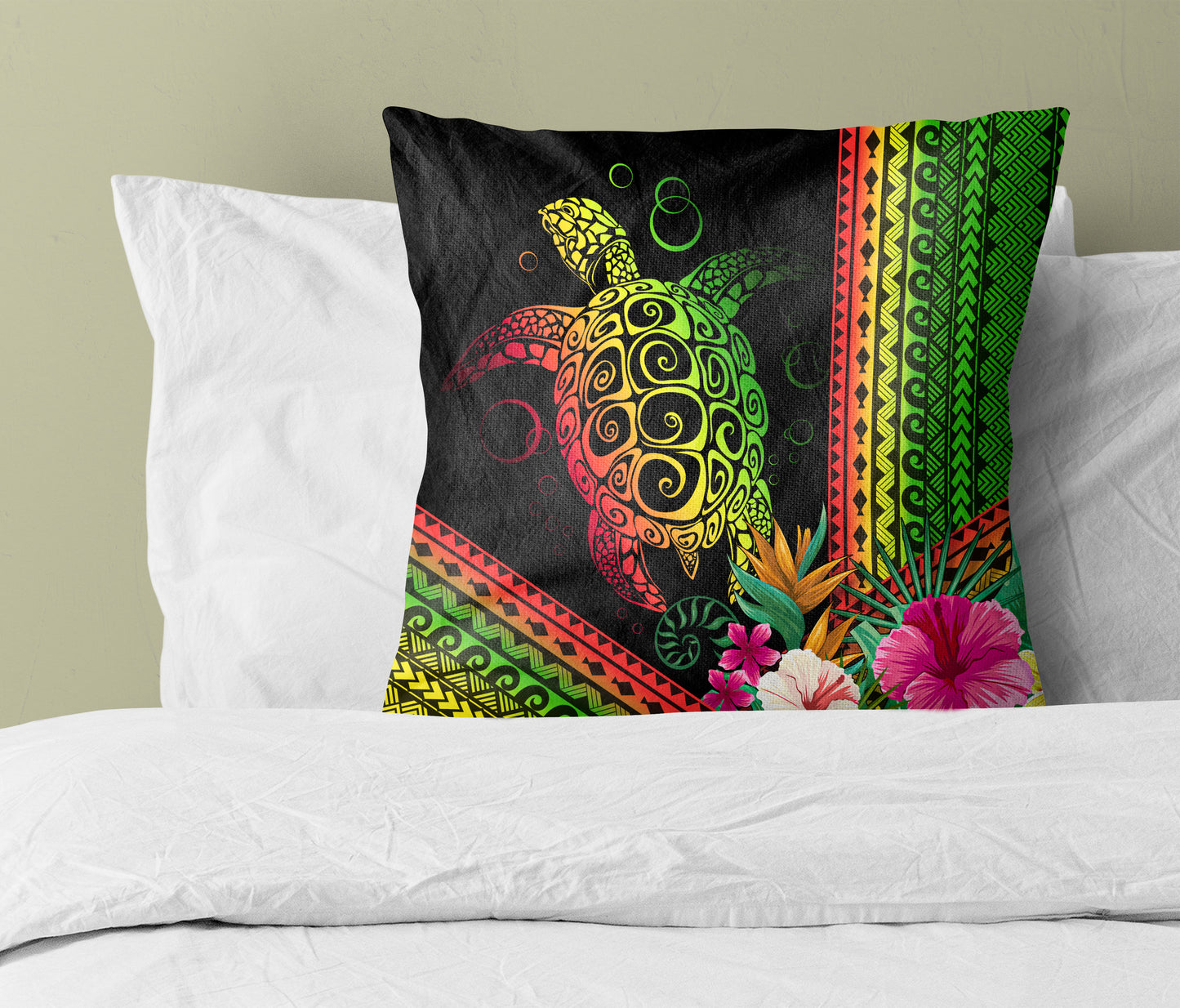 Hawaii Pillow Cover Turtle Polynesian Pattern Reggae Color