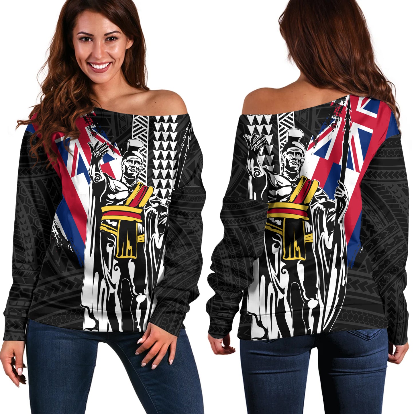 Hawaii Off Shoulder Sweatshirt King Kamehameha I Kakau Flag Grunge