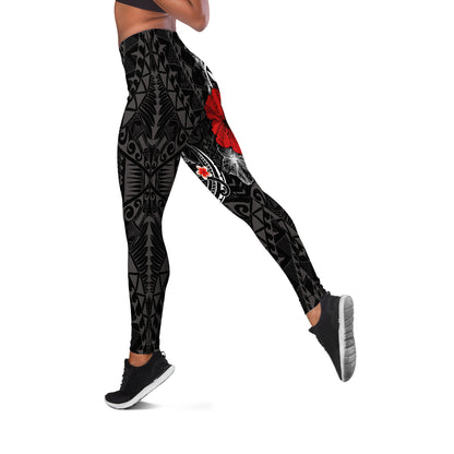 Polynesian Hawaii  Kanaka Maoli Legging - Humpback Whale with Hibiscus (White)