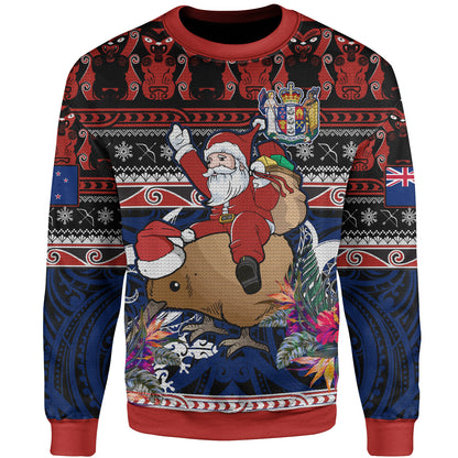 New Zealand Sweatshirt Santa Riding Kiwi Bird Meri Kirihimete Ugly Christmas Maori Patterns