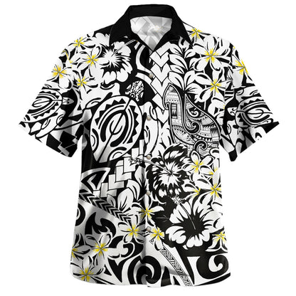 Polynesian Combo Off Shoulder Long Dress And Shirt - Tropical Tribal Turtle With Fish Hook Pure Black