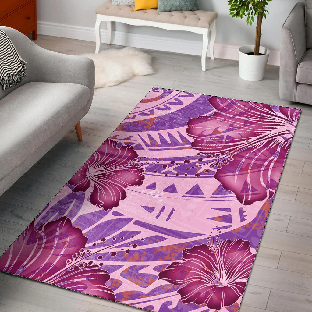 Hawaii Area Rug Polynesian Motif Purple Hibiscus