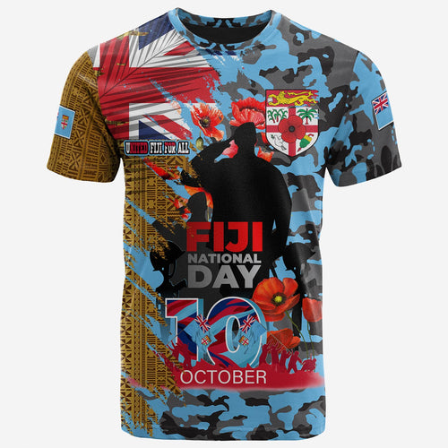 Fiji T-Shirt Fiji National Day Red Poppy Half Camouflage x Kesakesa Vakaviti Tapa