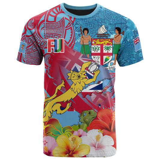 Fiji Polynesian T-shirt - Custom Fiji Lion With Tapa Patterns And Polynesian Hibiscus T-shirt