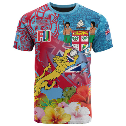 Fiji Polynesian T-shirt - Custom Fiji Lion With Tapa Patterns And Polynesian Hibiscus T-shirt