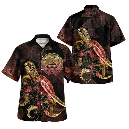 American Samoa Hawaiian Shirt - Custom American Samoa Seal With Turtle Blooming Hibiscus Gold