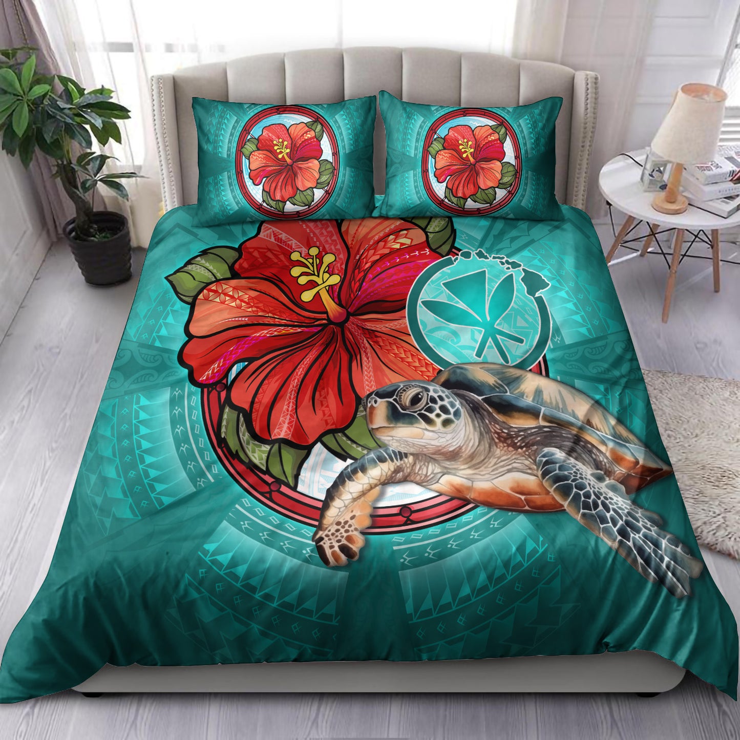 Hawaii Bedding Set Hawaiian Map Turtle Hibiscus Flowers Polynesian Patterns Style