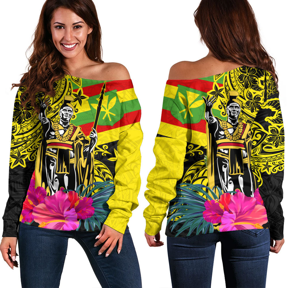 Hawaii Off Shoulder Sweatshirt Kanaka Maoli King Flag Tribal Tropical Style