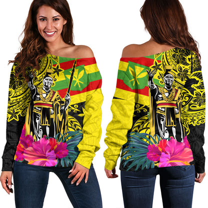 Hawaii Off Shoulder Sweatshirt Kanaka Maoli King Flag Tribal Tropical Style