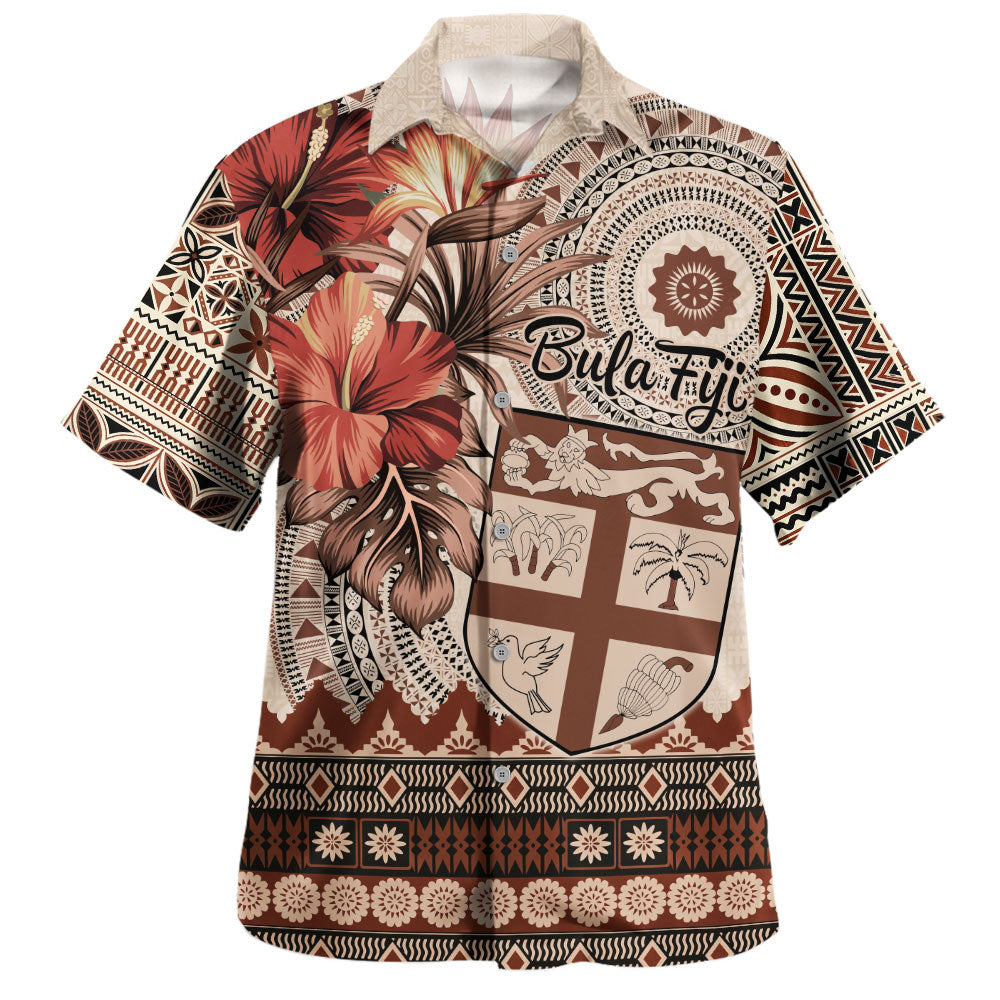 Fiji Hawaiian Shirt Bula Tribal Print Beige