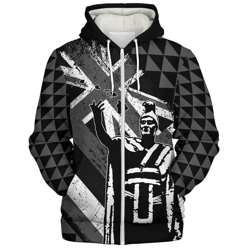Hawaii Sherpa Hoodie King Kamehameha Flag Tribal Pride Black White