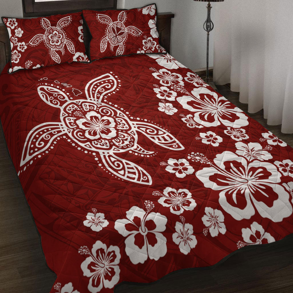 Hawaii Quilt Bed Set Tribal Hibiscus Flower Graphic Turtle Tatoo