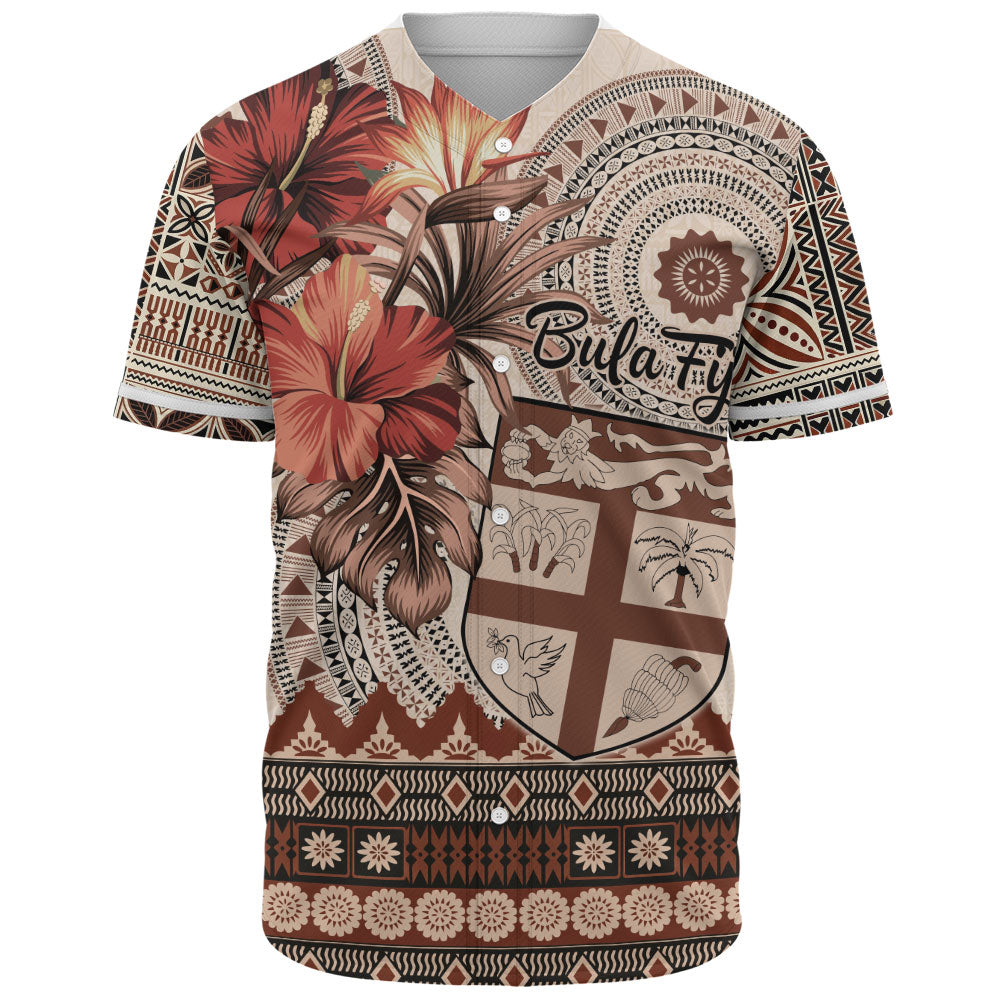 Fiji Baseball Shirt Bula Tribal Print Beige