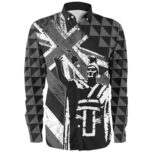 Hawaii Long Sleeve Shirt King Kamehameha Flag Tribal Pride Black White