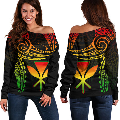 Hawaii Off Shoulder Sweatshirt Polynesian Flame Of Hawaii Style