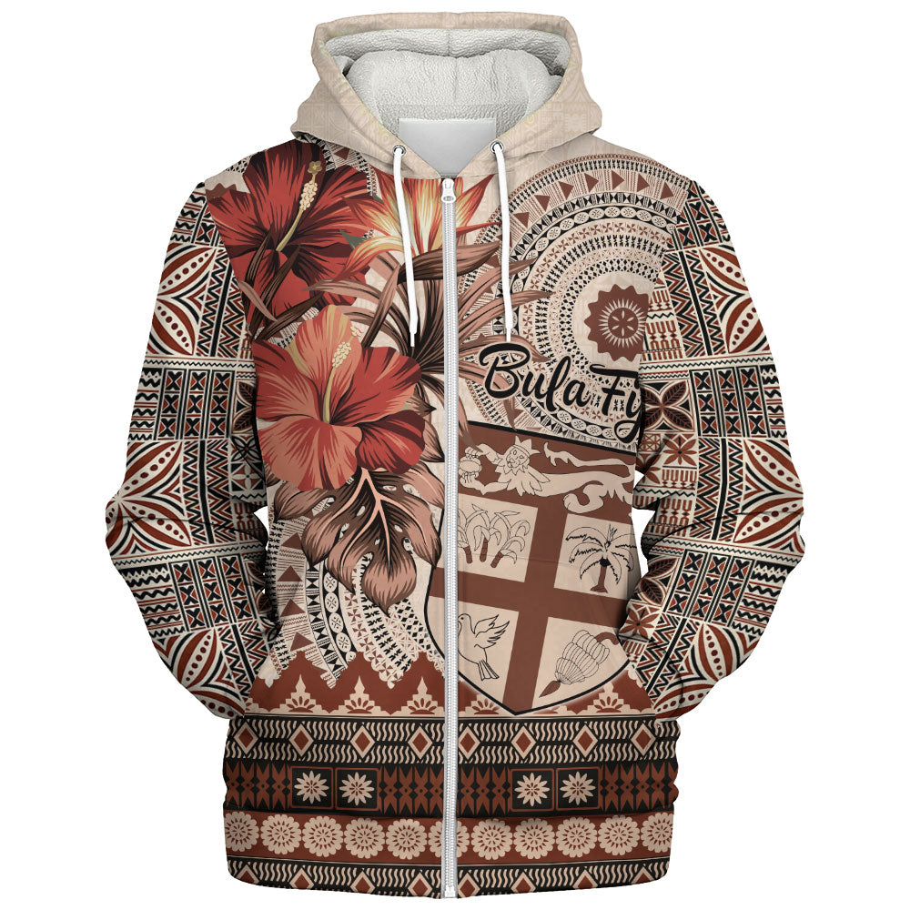 Fiji Sherpa Hoodie Bula Tribal Print Beige