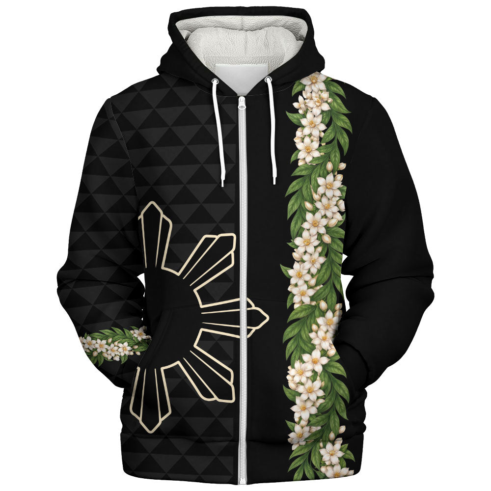 Philippines Filipinos Sherpa Hoodie Sampaguita Flower Sun Pattern Island Style