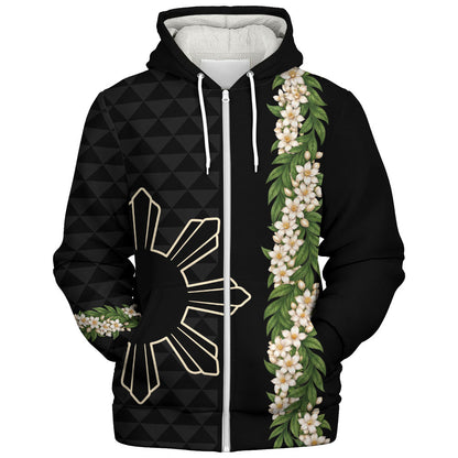 Philippines Filipinos Sherpa Hoodie Sampaguita Flower Sun Pattern Island Style