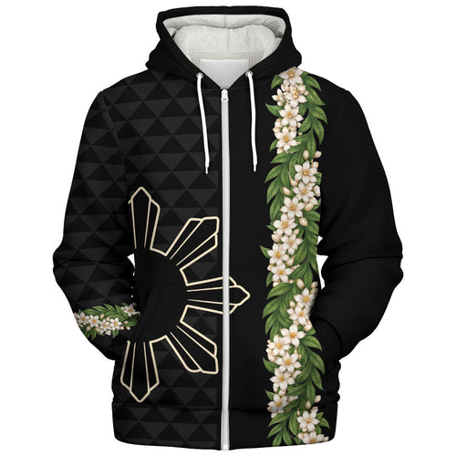 Philippines Filipinos Sherpa Hoodie Sampaguita Flower Sun Pattern Island Style