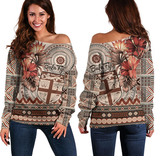 Fiji Off Shoulder Sweatshirt Bula Tribal Print Beige