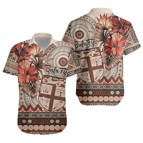 Fiji Short Sleeve Shirt Bula Tribal Print Beige