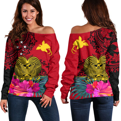 Papua New Guinea Off Shoulder Sweatshirt Flag Tribal Tropical Style