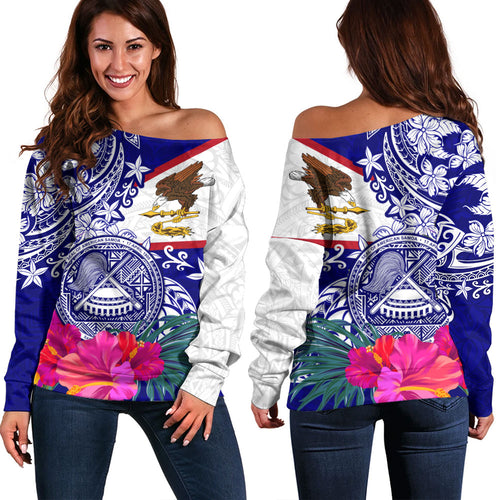American Samoa Off Shoulder Sweatshirt Flag Tribal Tropical Style