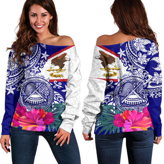 American Samoa Off Shoulder Sweatshirt Flag Tribal Tropical Style