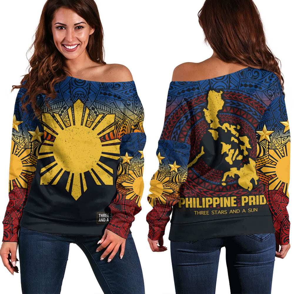 Philippines Filipinos Off Shoulder Sweatshirt Philippine Pride Three Stars and A Sun