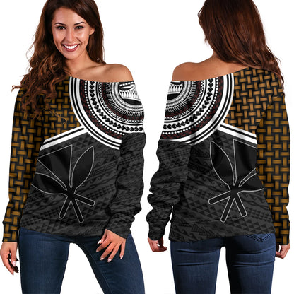 Hawaii Off Shoulder Sweatshirt Kanaka Maoli Lauhala Pattern Tribal Polyneisan Vintage Style
