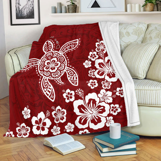 Hawaii Premium Blanket Tribal Hibiscus Flower Graphic Turtle Tatoo