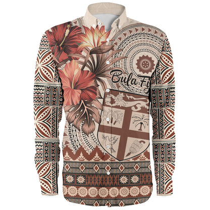 Fiji Long Sleeve Shirt Bula Tribal Print Beige