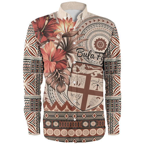 Fiji Long Sleeve Shirt Bula Tribal Print Beige