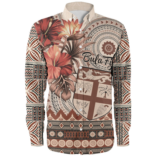 Fiji Long Sleeve Shirt Bula Tribal Print Beige