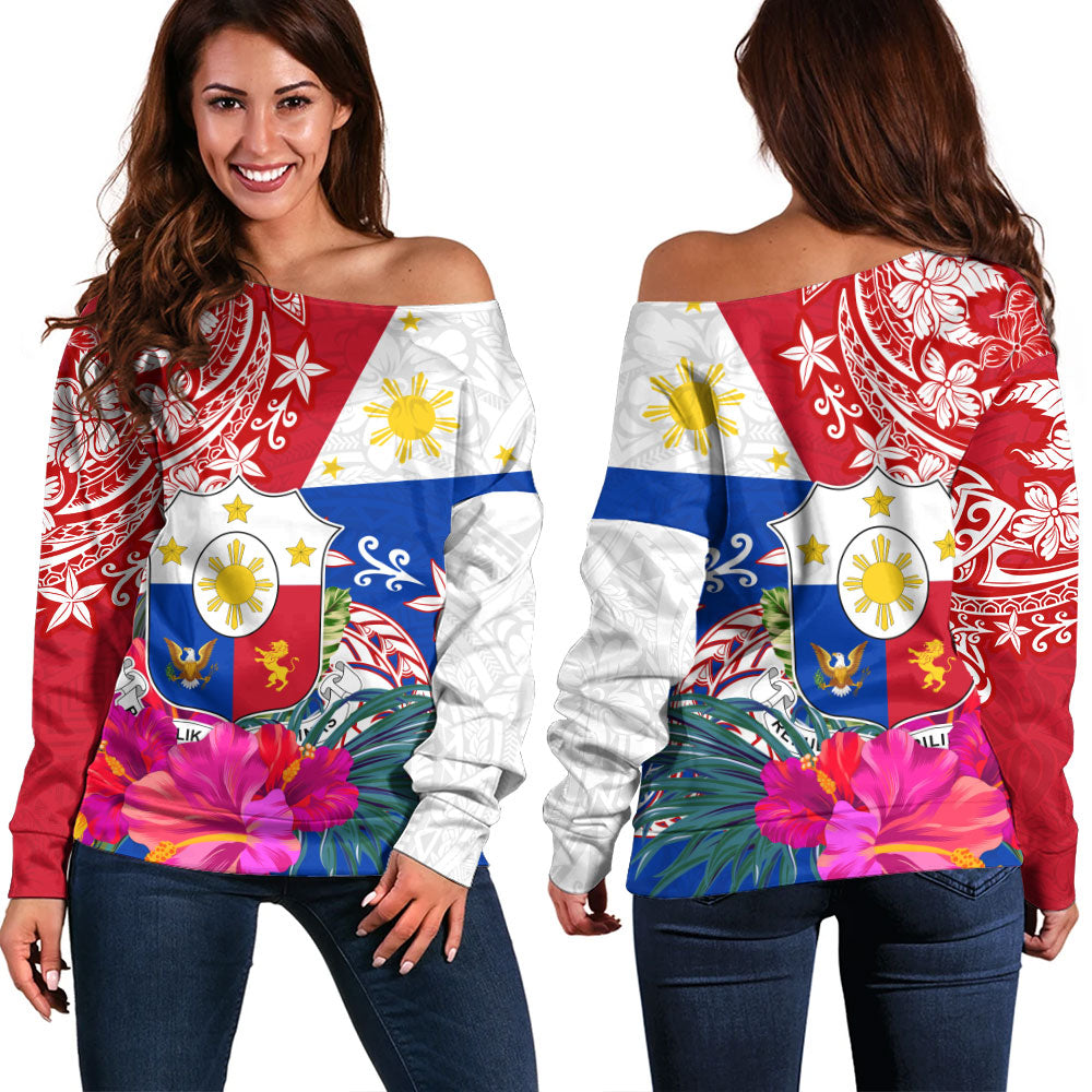 Philippines Filipinos Off Shoulder Sweatshirt Flag Tribal Tropical Style