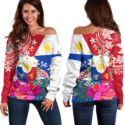 Philippines Filipinos Off Shoulder Sweatshirt Flag Tribal Tropical Style