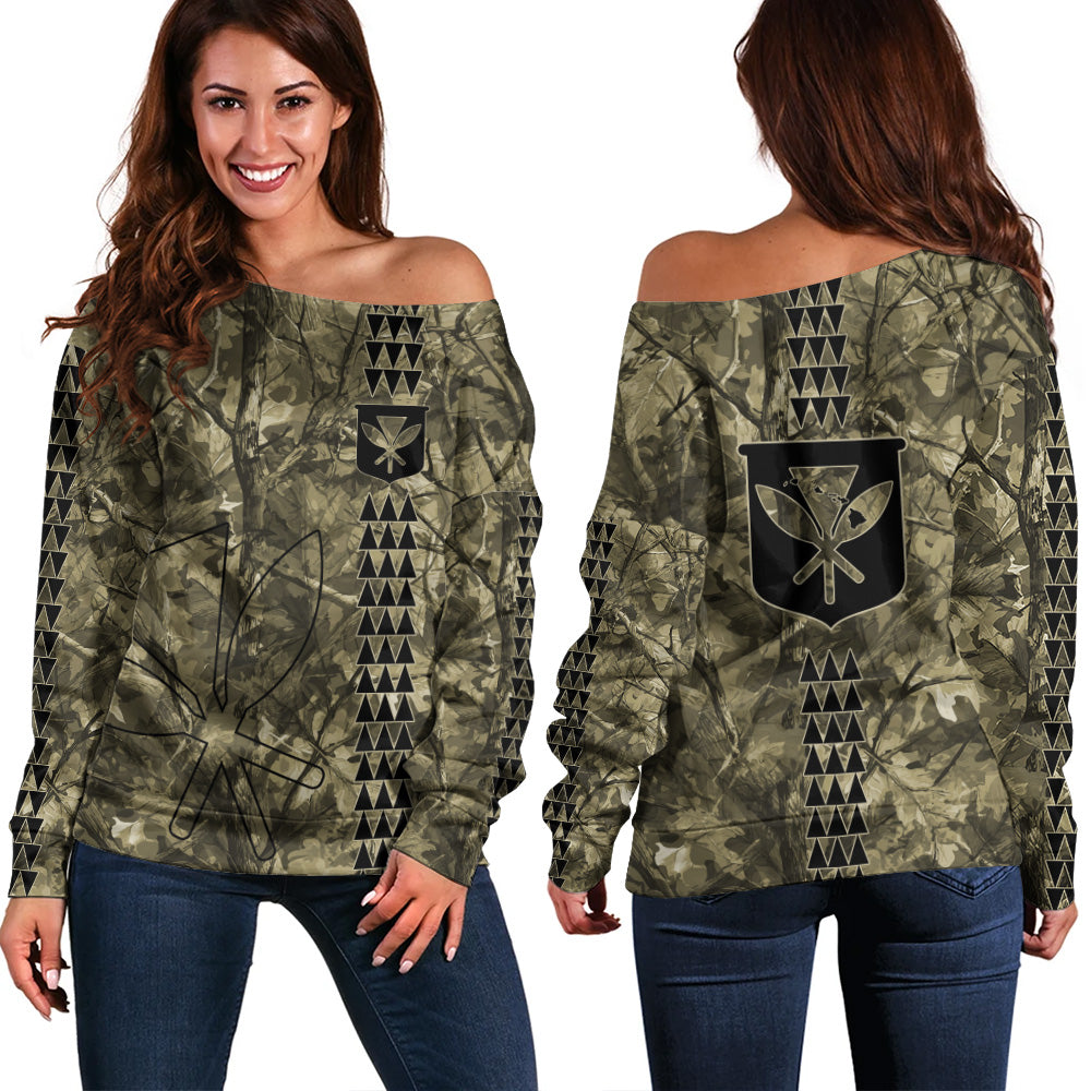 Hawaii Off Shoulder Sweatshirt Woodland Kanaka Camo Style
