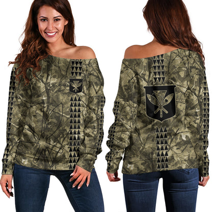 Hawaii Off Shoulder Sweatshirt Woodland Kanaka Camo Style